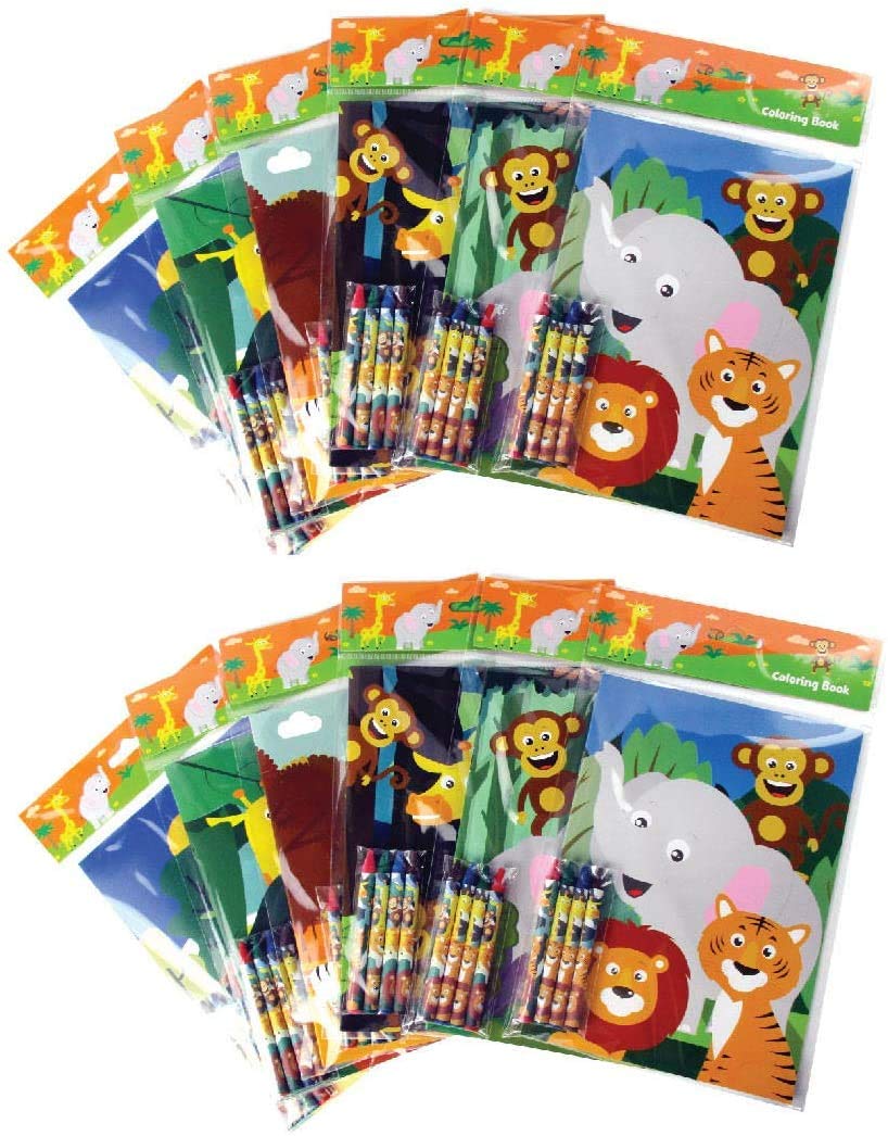 TINYMILLS Safari Zoo Animals Coloring Book for Kids with 12 Coloring Books and 48 Crayons Fun Jungle Book Animals Birthday Party Supplies Zoo Party Favor Bag Fillers TINYMILLS