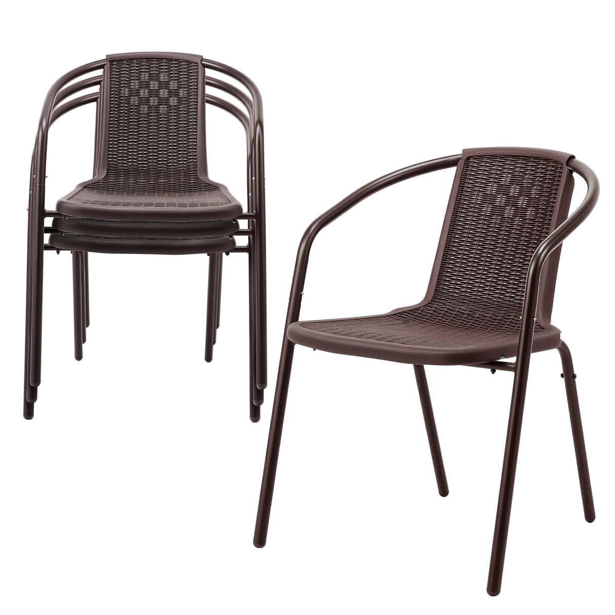 VINGLI Stackable Outdoor Chair Set of 4, Rattan Plastic Chair, Woven Rattan Cushion, Suitable for Backyard, Patio, Brown VINGLI