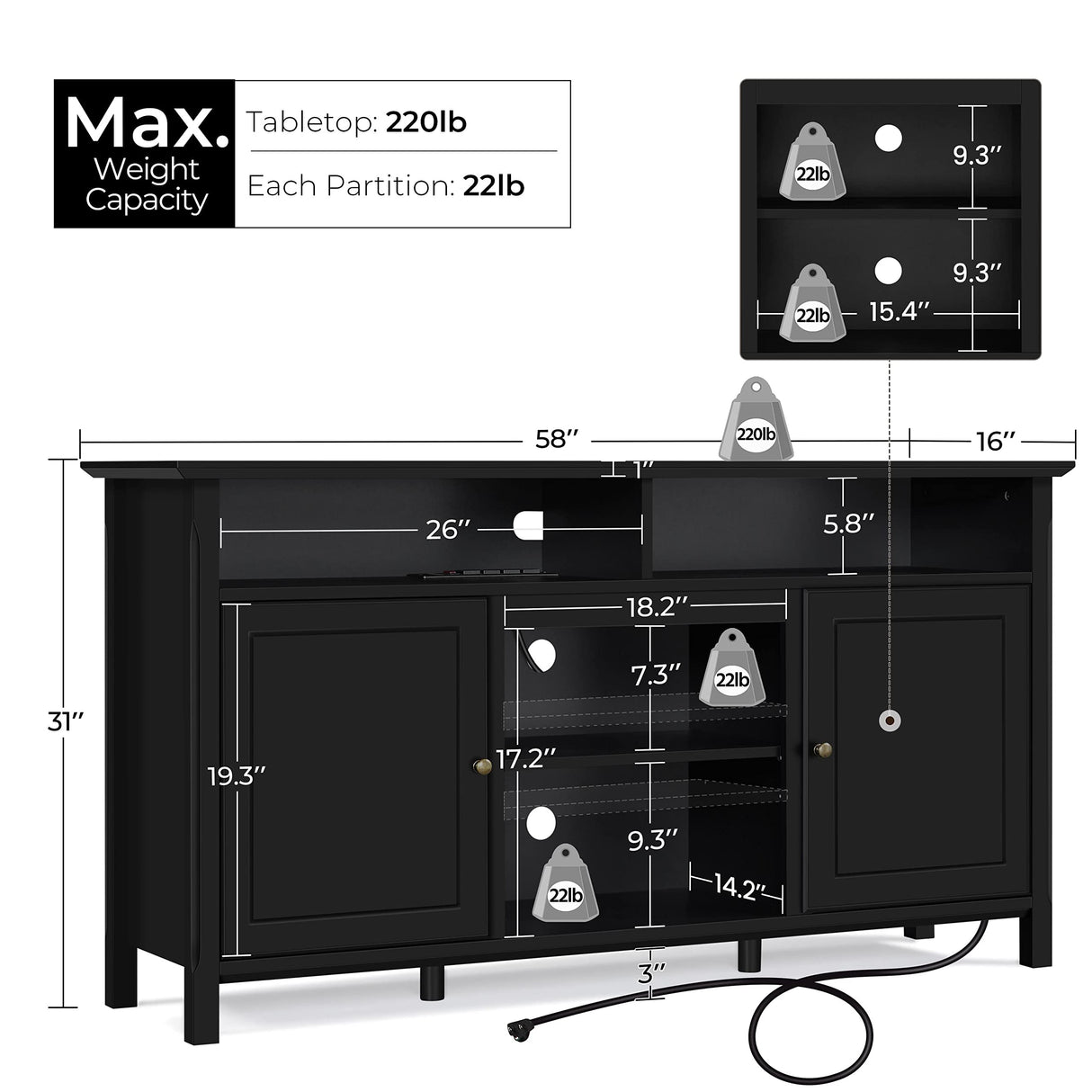 Yaheetech Black TV Stand with Doors for TVs up to 65 in, Modern TV Console with Power Outlet & Storage Shelf, Mid-Century Entertainment Center for Living Room, 31 in Tall Yaheetech