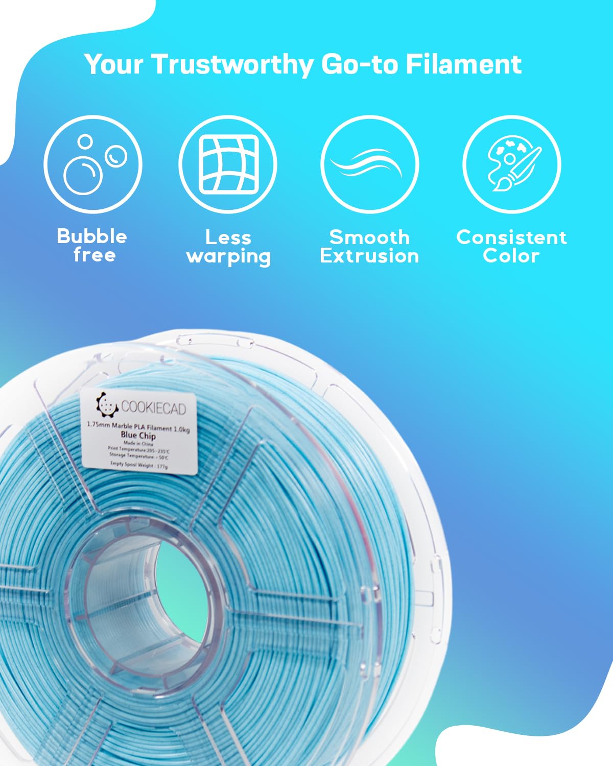 Cookiecad PLA Filament 1.75mm 1kg Marble Pastel 3D Printer Filament - Blue Chip PLA Cookiecad