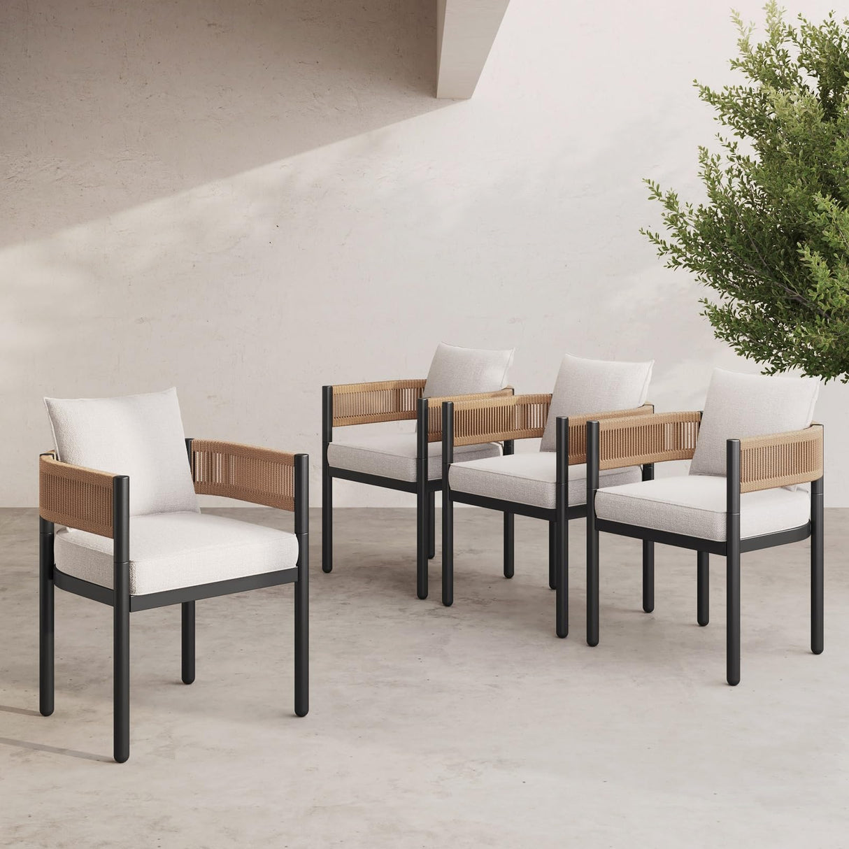 Grand patio Outdoor Dining Chairs Set of 4, 4 Pieces Patio Dining Chairs, Metal Woven Wicker Fixed Patio Chairs with Light Beige Cushions for Backyard, Deck, Garden, Porch, Lawn and Poolside (Natural) Grand patio