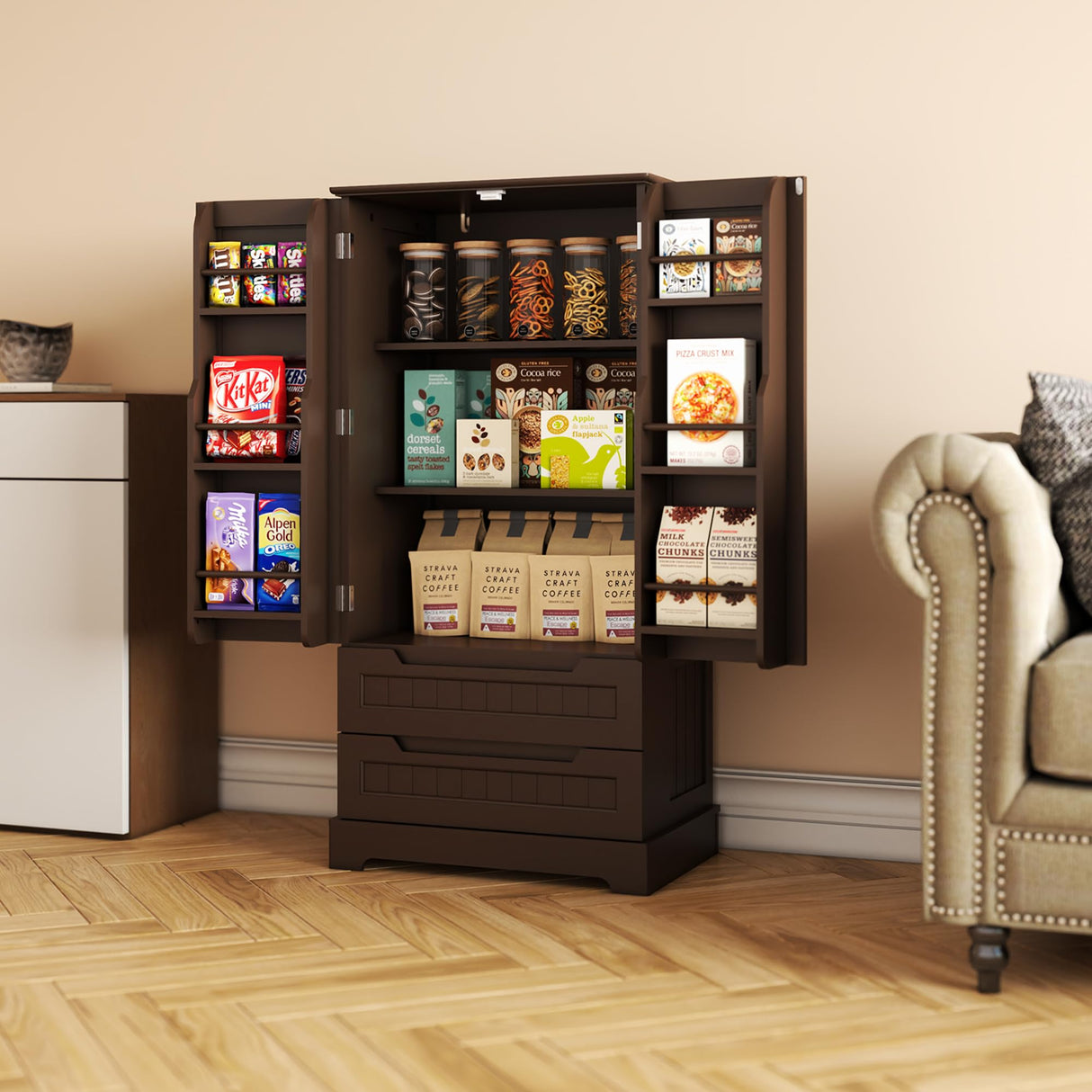 Gizoon 47" Dark Brown Kitchen Pantry Cabinet with Drawers & Shelves for Small Spaces Gizoon