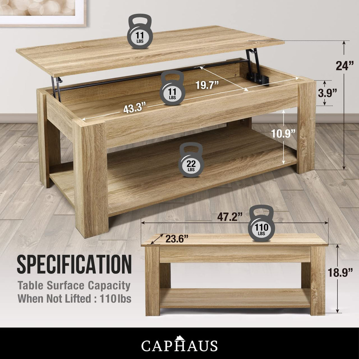 CAPHAUS 47' Natural Oak Lift Top Coffee Table with Storage, 110 lbs Capacity, 11 lbs Lifted CAPHAUS