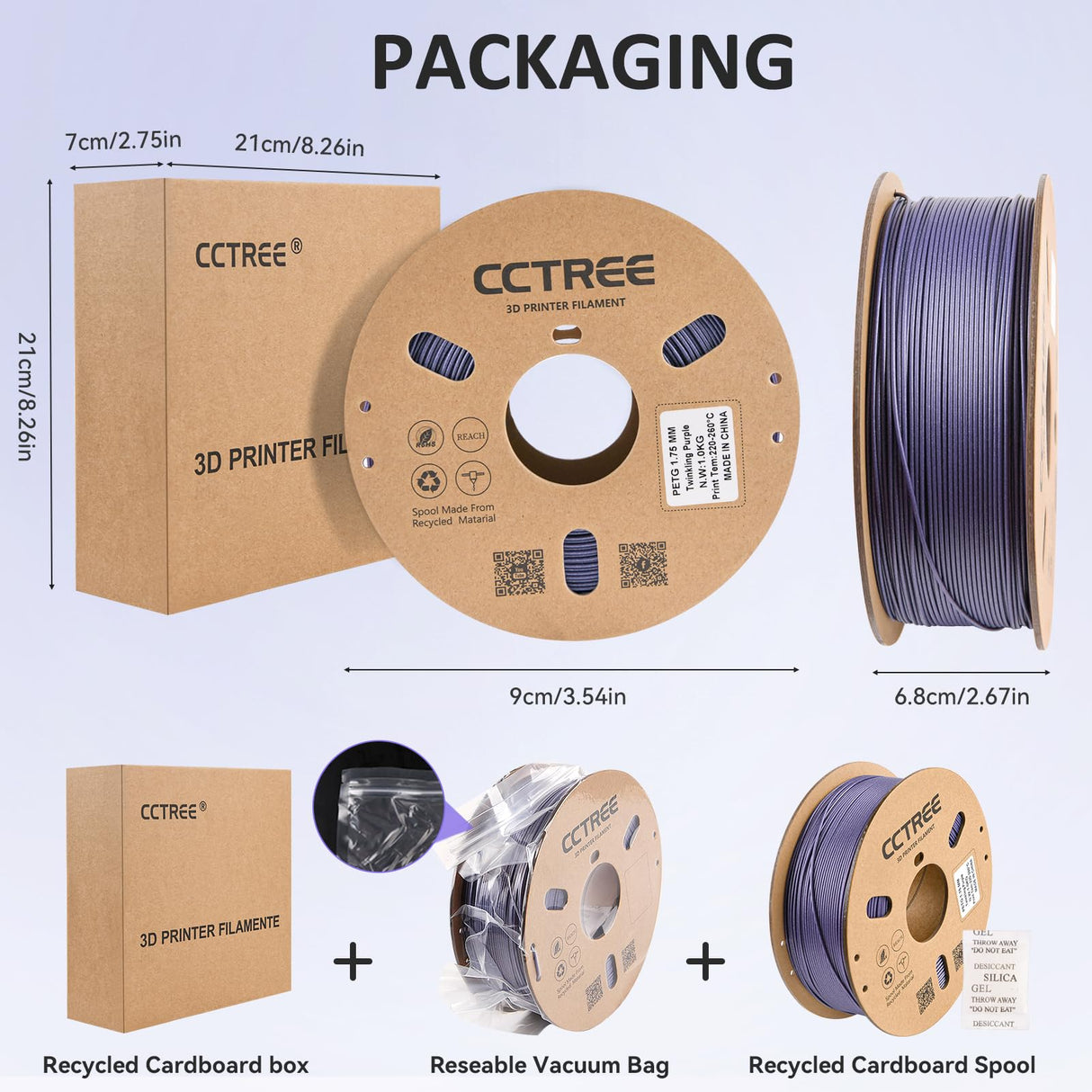 CCTREE PETG Filament 1.75mm, Dimensional Accuracy +/- 0.03mm, 1kg Spool(2.2lbs), Less Stringing Good Layer Adhesion High Toughness 3D Printing Filament, Fit Most 3D Printers, Galaxy Purple CCTREE