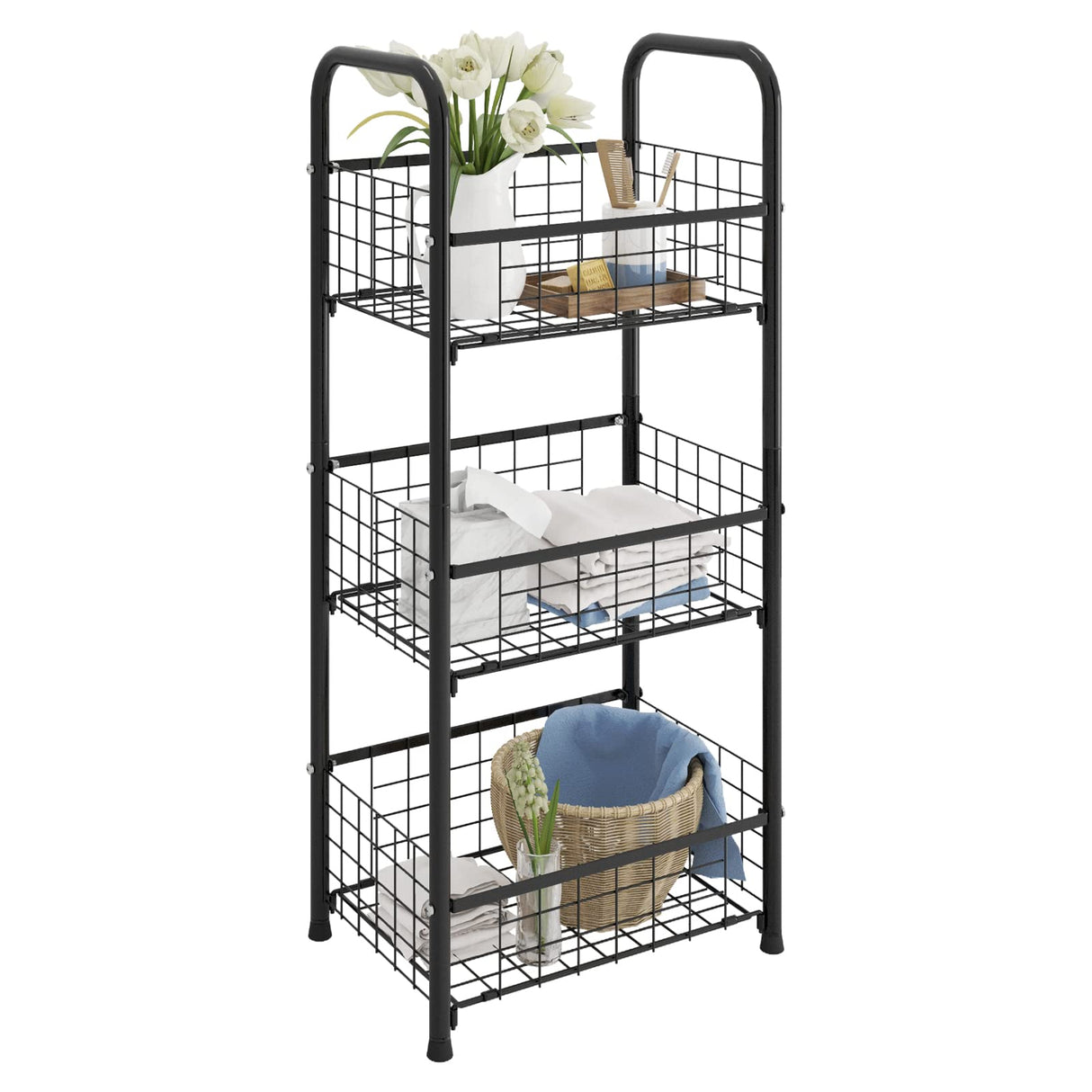 PROXRACER 3-Tier FreeStanding Open Shelf,Bathroom Organizer Shelves Unit with Adjustable Feet, Metal Steel Storage Tower Organizer Rack Basket Cart for Bathroom, Living Room, Balcony, Kitchen PROXRACER