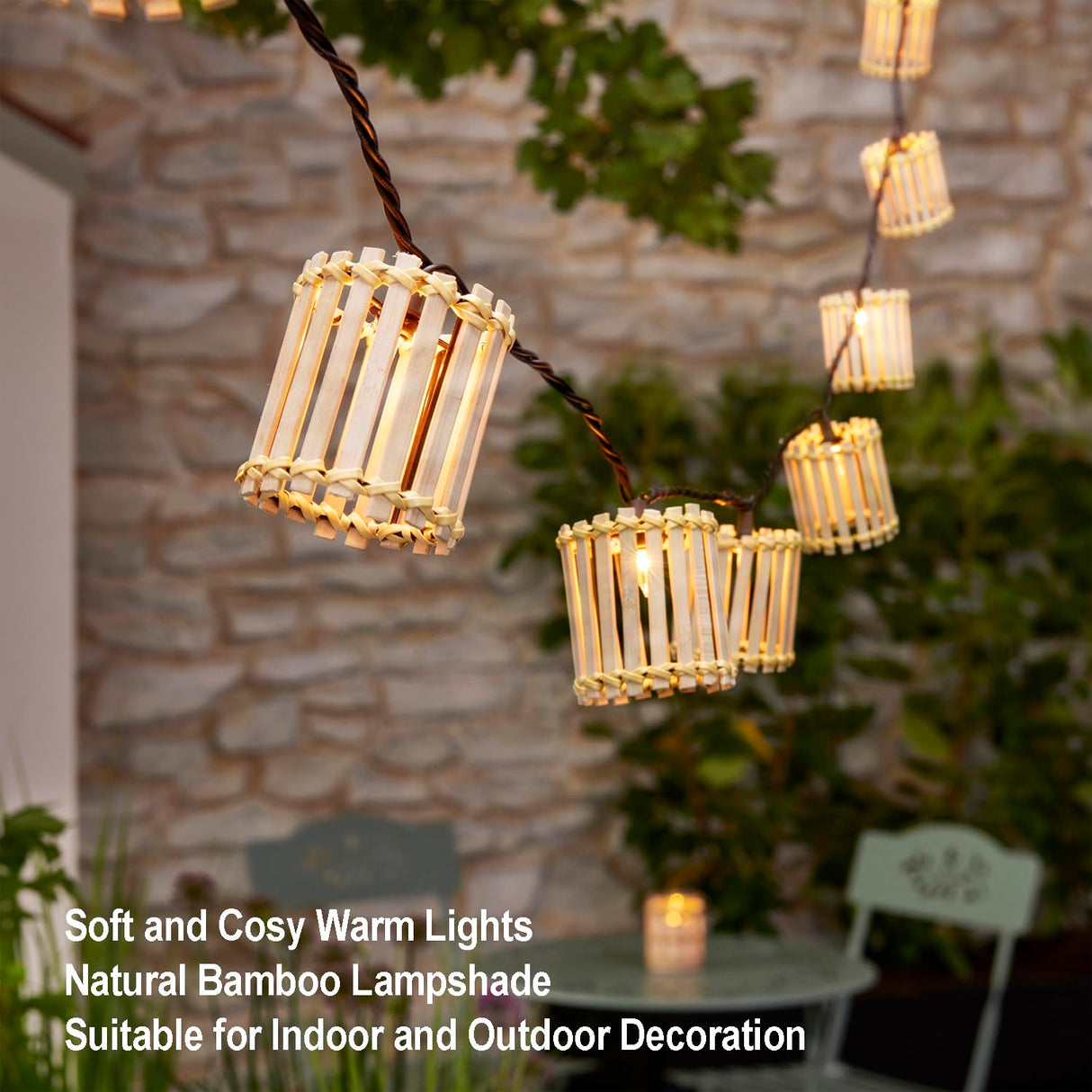 Decorative String Lights, 10 Incandescent Mini Bulbs with Natural Bamboo Woven Lampshade, 8.5Ft Connectable Waterproof Outdoor Lantern String Lights, Perfect for Patio, Garden Balcony, Pergola, Porch AVAMERY