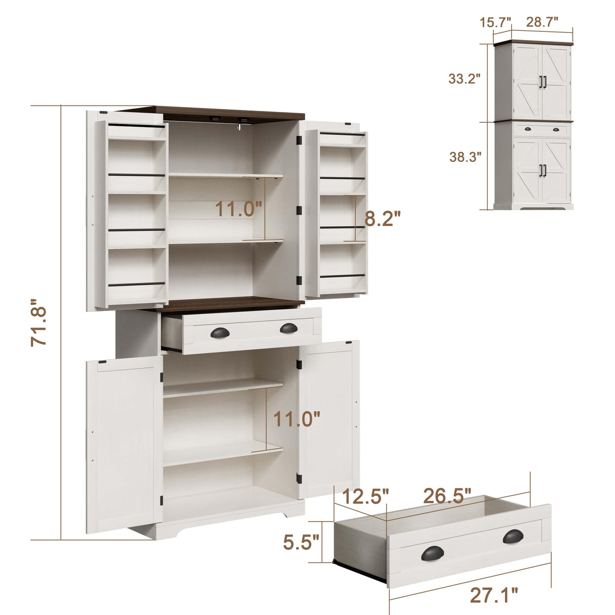 ChooChoo Farmhouse Kitchen Pantry Cabinet with Drawer, Tall Storage Cabinet with Door Shelves and Adjustable Shelves, Freestanding Cupboard for Kitchen, Dining Room, Antique White & Brown ChooChoo
