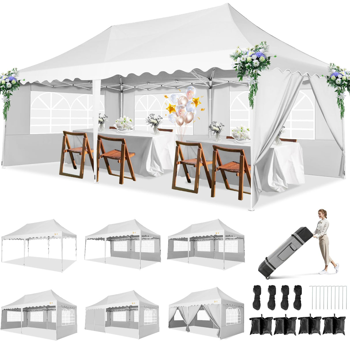 HOTEEL 10x20 Pop Up Canopy Tent for Parties, Waterproof Easy Setup Canopy Tent 10x20 with 6 Sidewalls, 4 Sandbags, Wheeled Bag, Outdoor Sunproof 10x20 Canopy for Backyard, Wedding, Event, Patio, White Hoteel
