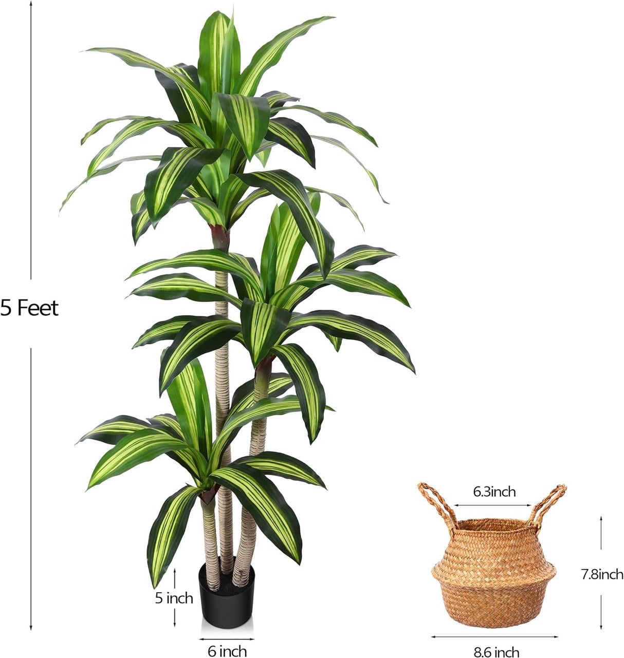 Ferrgoal Artificial Plants, 5 Ft Dracaena Tree Faux Plants Indoor Outdoor Decor Fake Tree with Woven Seagrass Basket Plants for Home Decor Office Living Room Porch Patio Housewarming Ferrgoal