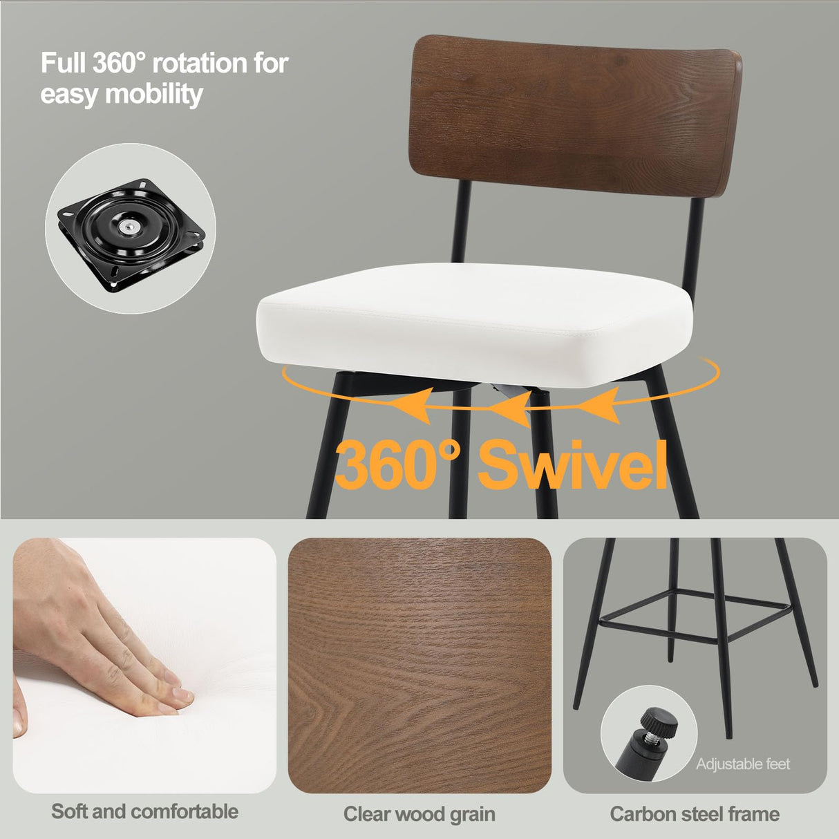 Bekrvio Counter Height Swivel Bar Stools Set of 3, Upholstered Faux Leather Barstools with Wood Backs and Metal Legs, 26" Seat Height Counter Bar Stool for Kitchen Island, White Bekrvio