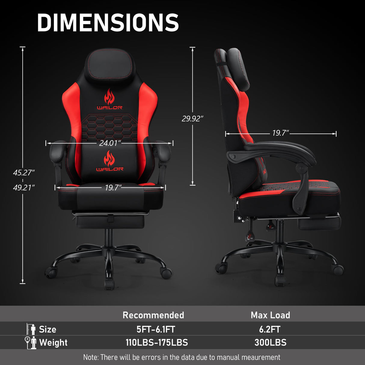 Gaming Chair with Massage and Packet Spring Cushion,Ergonomic Gamer Chairs for Adults with Footrest 300lbs,High Back Gamer Leather Chair with Headrest and Lumbar Support WAILOR