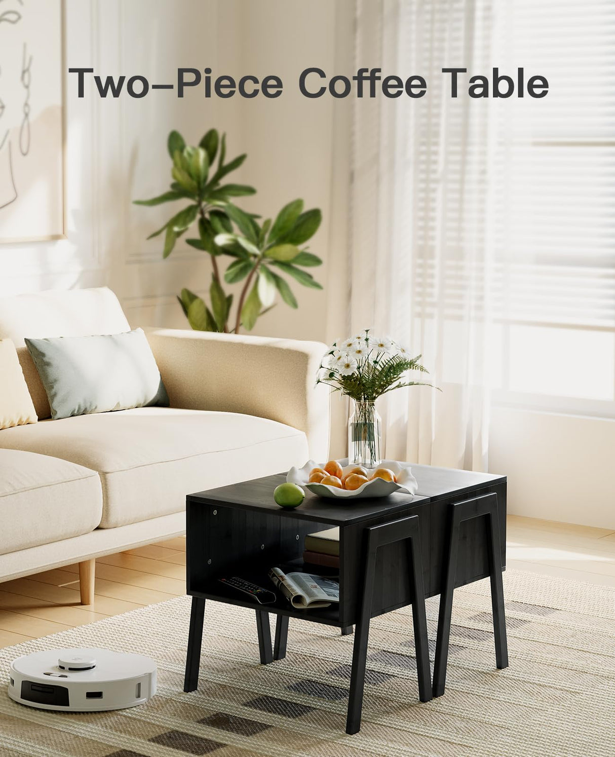 Pipishell Bedside Tables, Stackable Bamboo Nightstands, Bamboo Side Tables for Bedroom & Living Room, End Table Night Stands, Set of 2, Black,PIET01B Pipishell