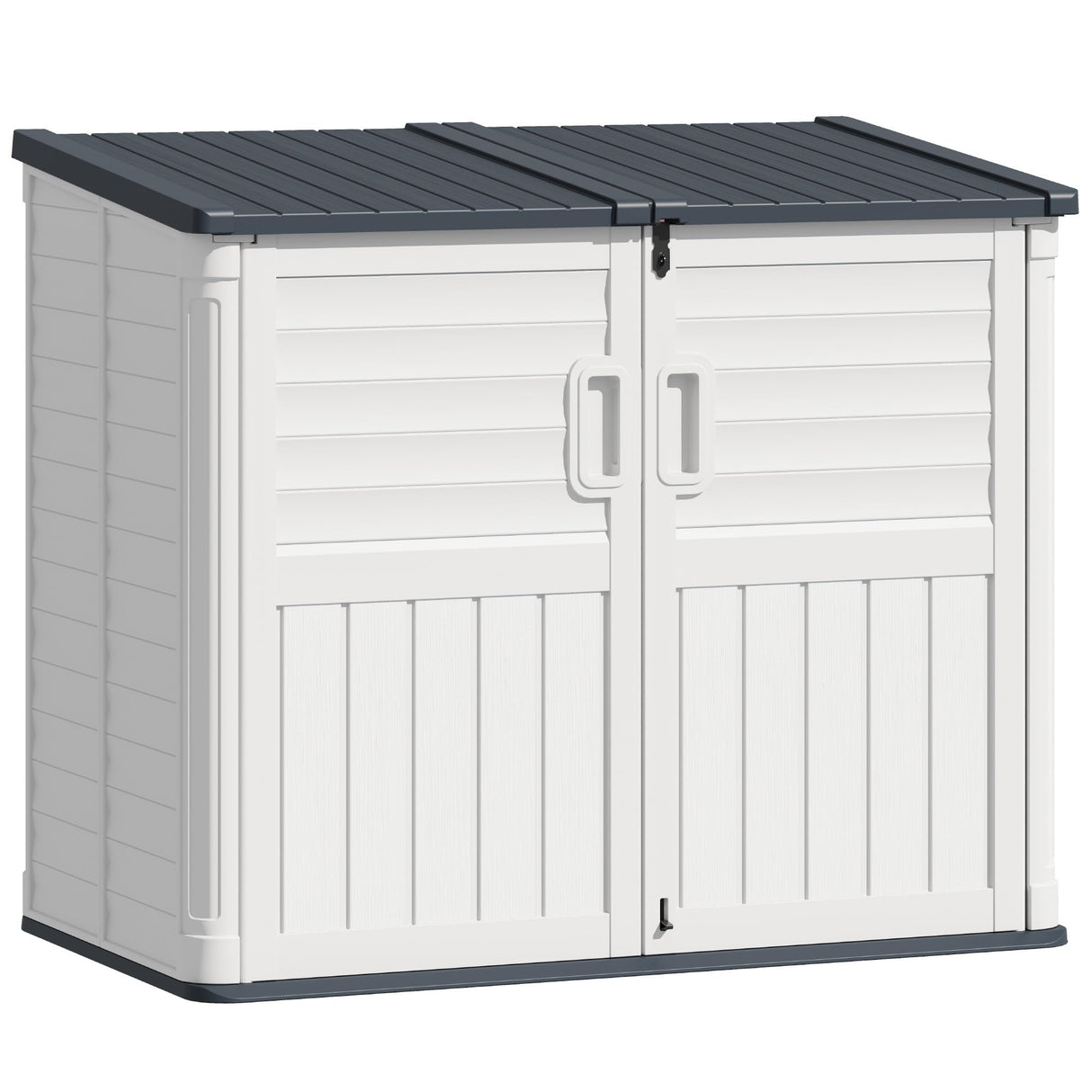 TUOZE 34 Cu Ft Resin Storage Shed with 2 Shelves, Waterproof Outdoor Storage Cabinet with Sloping Roof & Lockable Lid for Garden Tools, Trash Cans (Beige) Tuoze