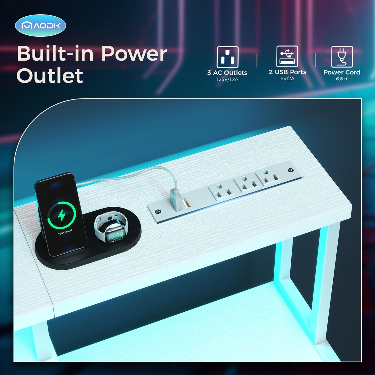 AODK Computer Desk, 48 Inch Gaming Desk with Led Lights & Power Outlet, Office Desk with Printer Storage Shelves, Reversible Desk with Monitor Shelf & Headphone Hook, White AODK