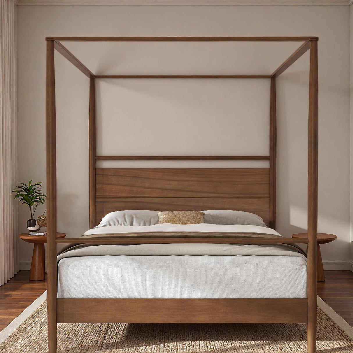 LUMISOL Full Size Canopy Bed Frame with Storage, Solid Wood 4 Posters Canopy Bed, No Box Spring Needed, Walnut LUMISOL