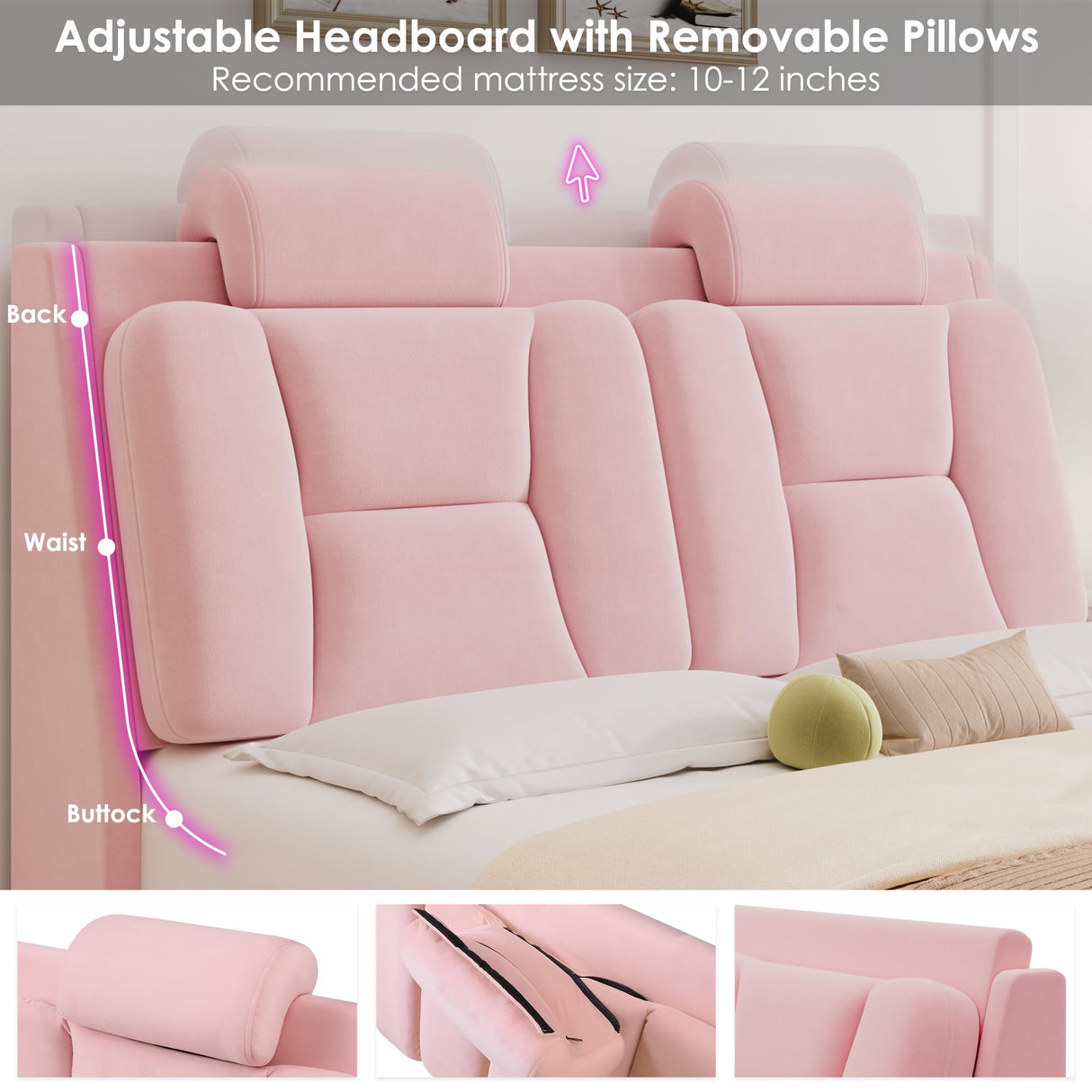 Queen Upholstered Led Bed Frame with Wheels Decor & Adjustable Curved Headboard Modern Car-Shaped Platform Bed with Detachable Pillows Solid Wooden Slats Support No Box Spring Needed, Velvet Pink Keyluv