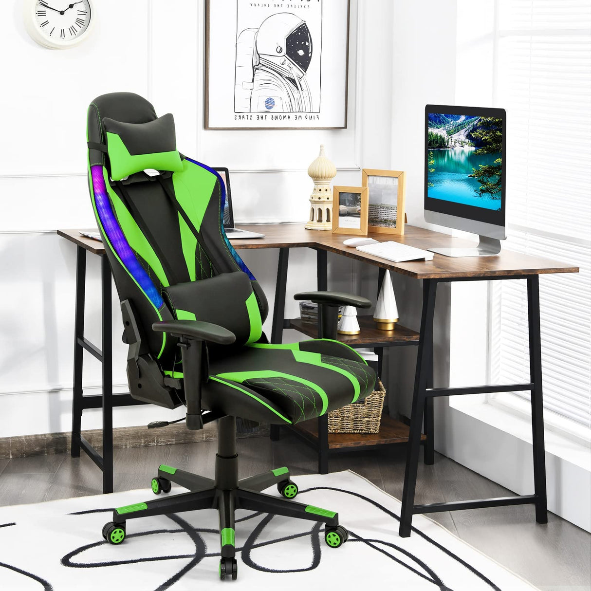 Giantex Gaming Chair with RGB LED Lights, Ergonomic Video Game Chair, High Back PVC Leather E-Sport Computer Chair Adjustable w/Headrest & Lumbar Support (Green) Giantex