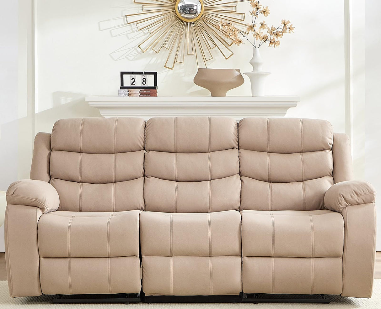 BALUS Faux Leather Reclining Sofa - 3 Seater Manual Recliner with Built-in Storage & Cup Holders, 3 Recliner Couch with Console for Living Room/Office/Home Theater, Beige BALUS