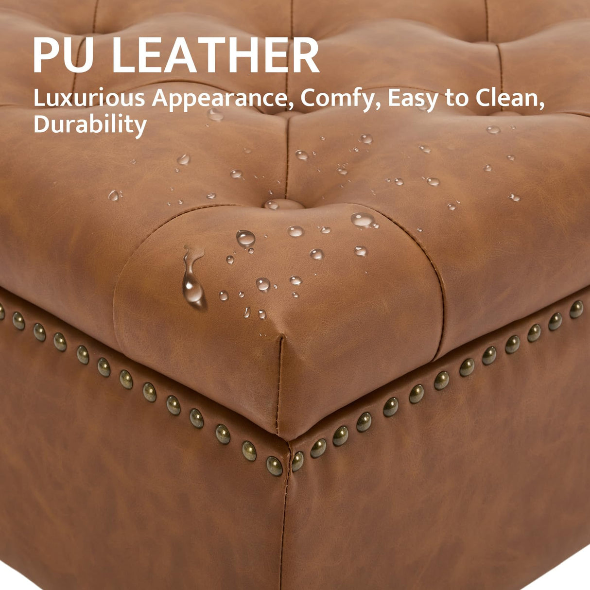 obmedin Large Square Storage Ottoman Uphlostered Tufted Button Coffee Table, Oversized Footrest Bench with Castered Rolling Wheels for Living Room, Brown Faux Leather obmedin