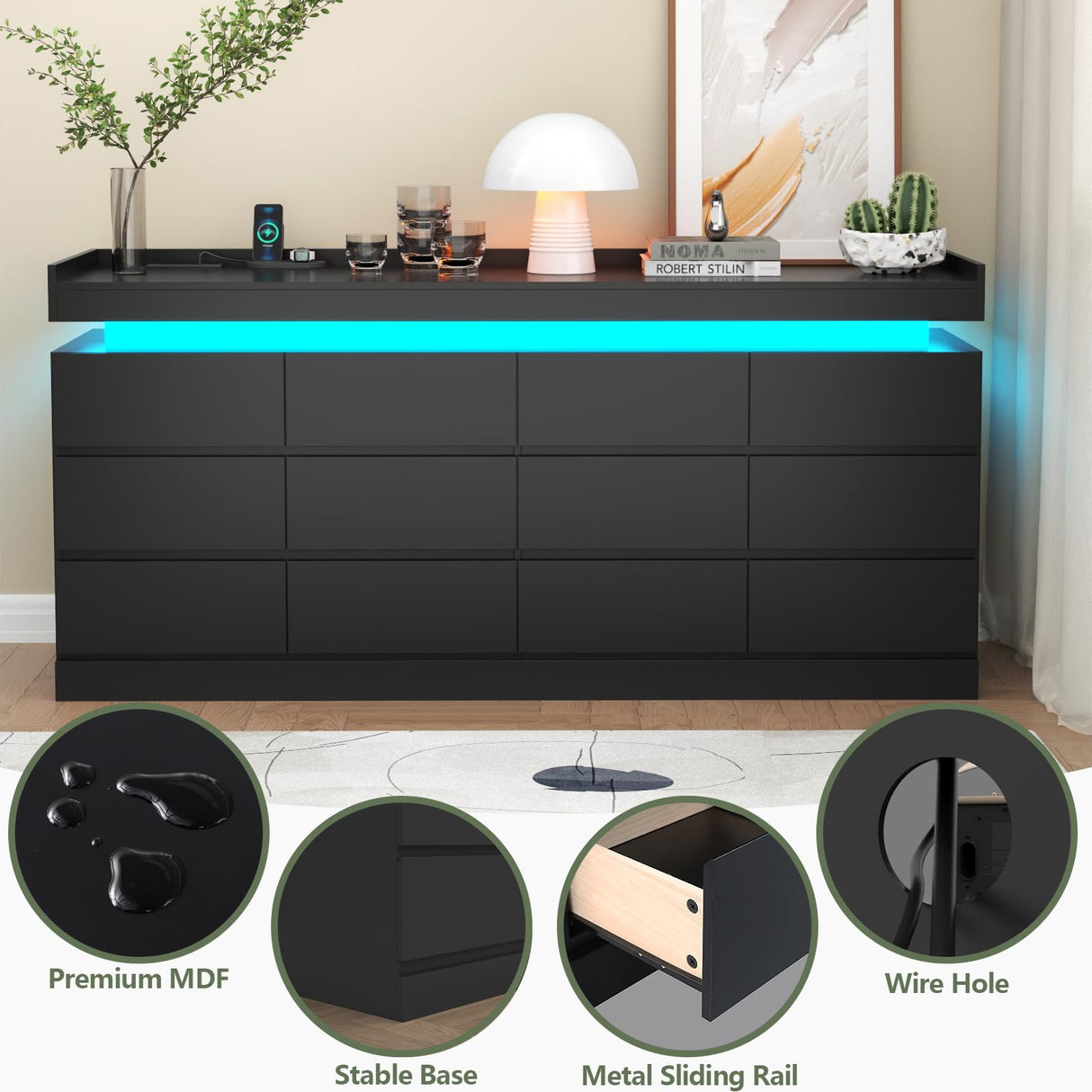 Gyfimoie 12 Drawer Dresser with Power Outlet, Dresser with LED Light, Modern Chest of Drawers for Closet, Double Wide Drawer Organizer Cabinet for Bedroom, Living Room (Black, 12 Drawers) Gyfimoie