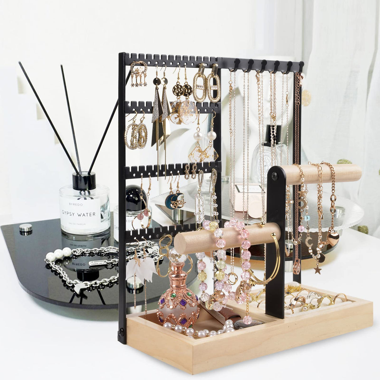 Jewelry Holder Organizer, 5-Tier Earring Organizer Stand with 48 Holes & Wood Ring Tray, 6 Hooks Necklace Bracelets Holder Tree, Black Jewelry Display Rack & Tower for Stud Watch, Aesthetic Room Decor ChezMax