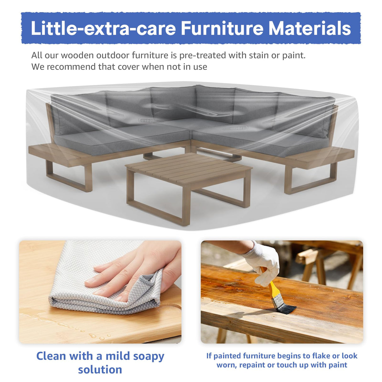 Soleil Jardin 4 Piece Acacia Wood Patio Furniture L-Shaped Outdoor Sectional Sofa Set with Coffee Table, FSC Certified Conversation Set with Built-in Side Table and Grey Cushions for Garden Soleil Jardin