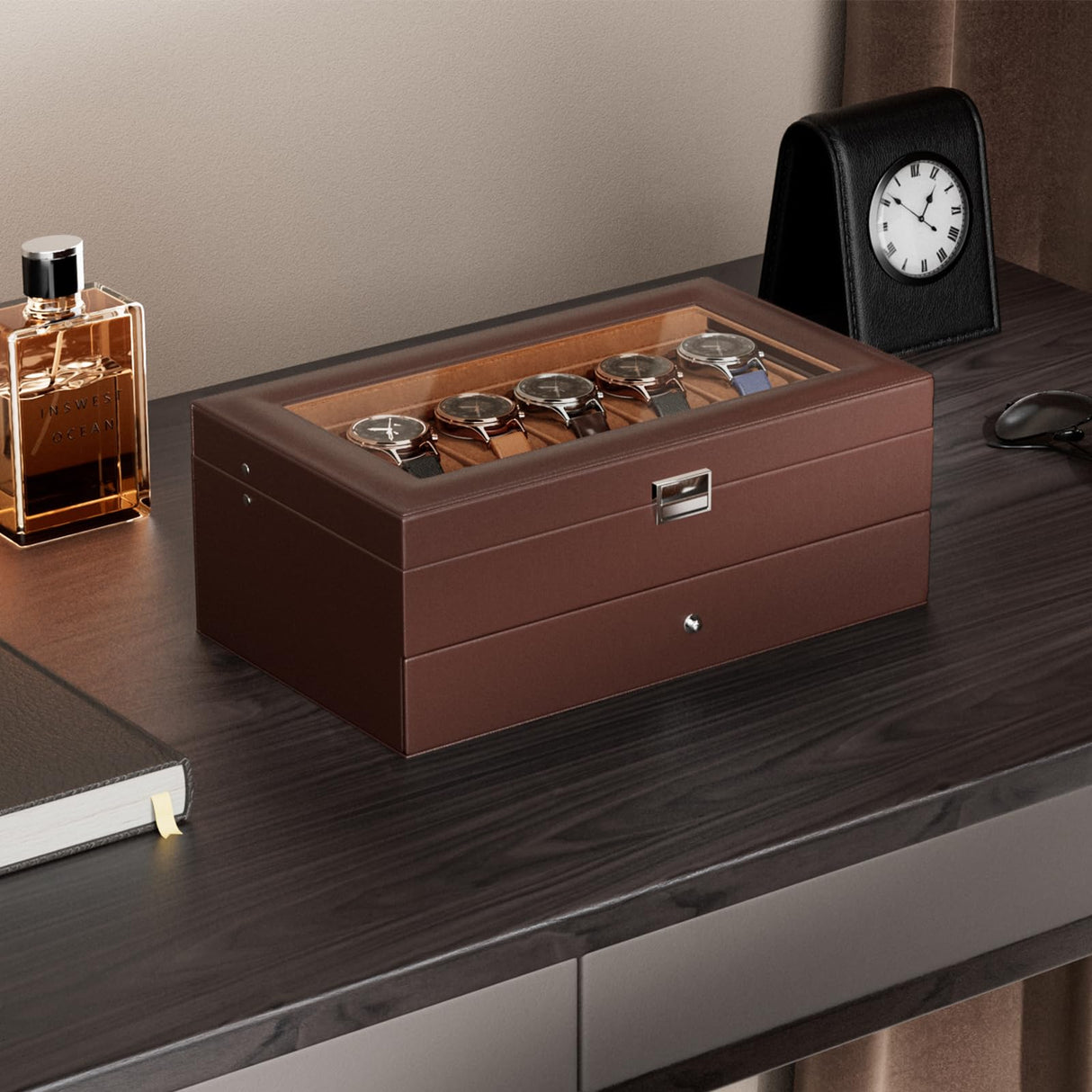 ProCase Watch Box for Men, 12 Slot Mens Watch Case With Drawer, Watch Display Case With Glass Lid, 2-Layer Watch Holder Organizer, Jewelry and Watch Storage for Men Women -12Slot, Espresso ProCase