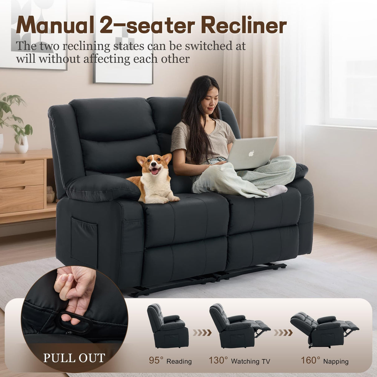 Korser Loveseat Recliner Sofa for RV Furniture and Theater Seating, Wall Hugger Loveseat Recliner, Oversized Loveseats Couch with Front Porckets&Side Pockets, Fabric, Black Korser