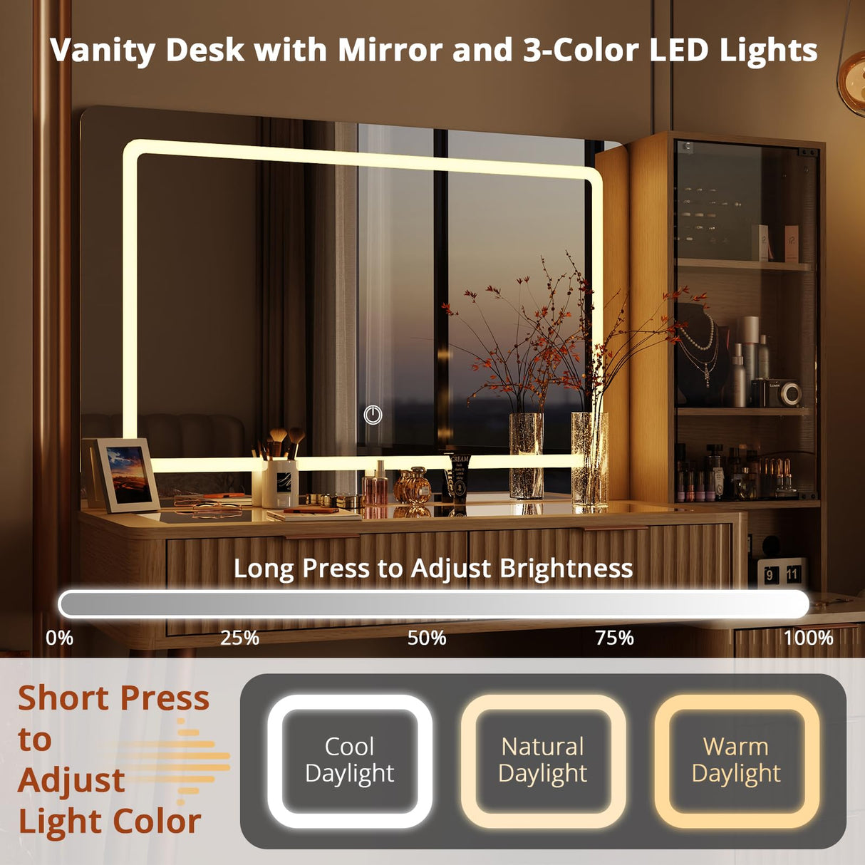 MODNEST 48" Vanity Desk with Mirror and Lights, Fluted Makeup Vanity Desk with 3 Drawers and Shelves, Dressing Table with Clear Glass Top for Bedroom, 48"x15.7"x53.5",Oak Color MODNEST