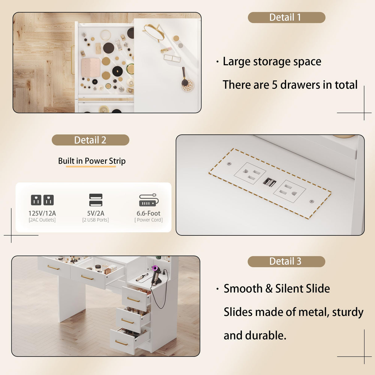 35.4" Makeup Vanity Desk with Charging Station, White Makeup Dressing Table with Mirror & Lights, 3 Lighting Modes Adjustable Brightness, Vanity Table with Power Outlet &5 Drawers Gold Handle lertrugs