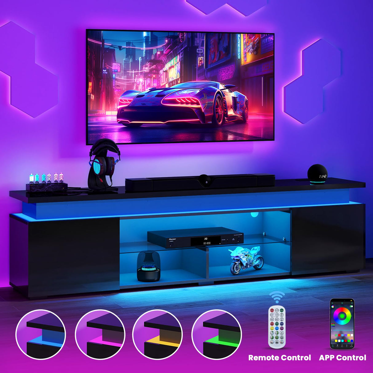 Lamtor TV-Stand with Power Outlet - TV Stand for up to 85 inch Televisions- Entertainment Center with Dynamic LED Lights & High Gloss, Modern TV Console with Storage Cabinets for Living Room, Black Lamtor