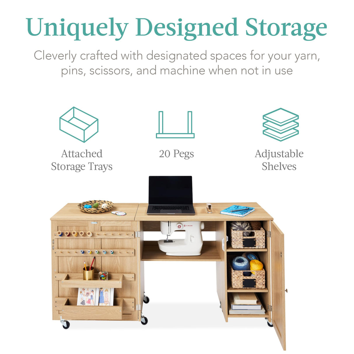 Best Choice Products Large Folding Sewing Table, Multipurpose Portable Craft Station & Side Desk w/Compact Design, Caster Wheels, Storage Shelves, 2 Storage Trays, Magnetic Doors - Light Brown Best Choice Products