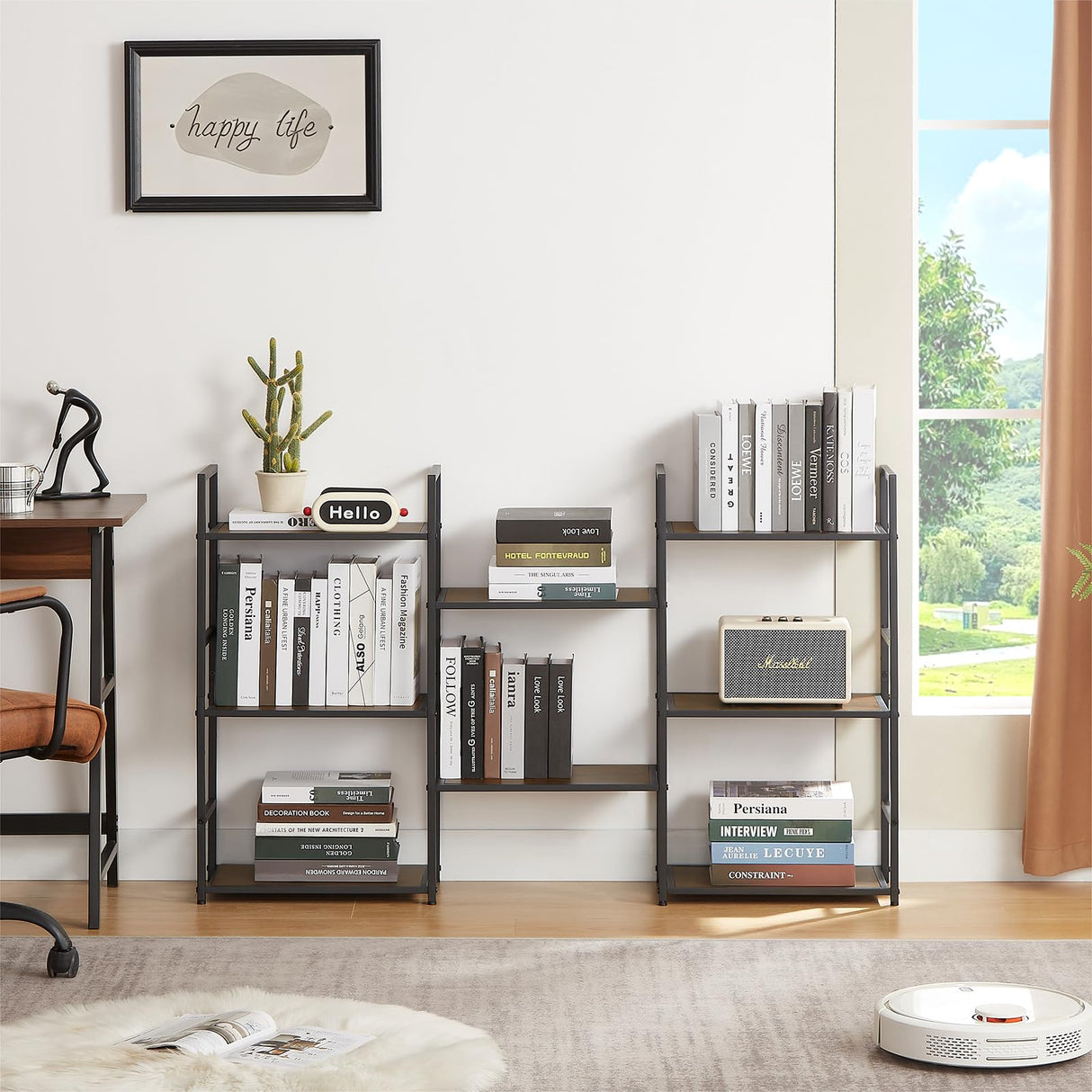 EYOCAL Triple 3 Tier Bookshelf, Wide Industrial Large Book Shelf with 8 Open Display Shelves for Home & Office, Rustic Brown EYOCAL