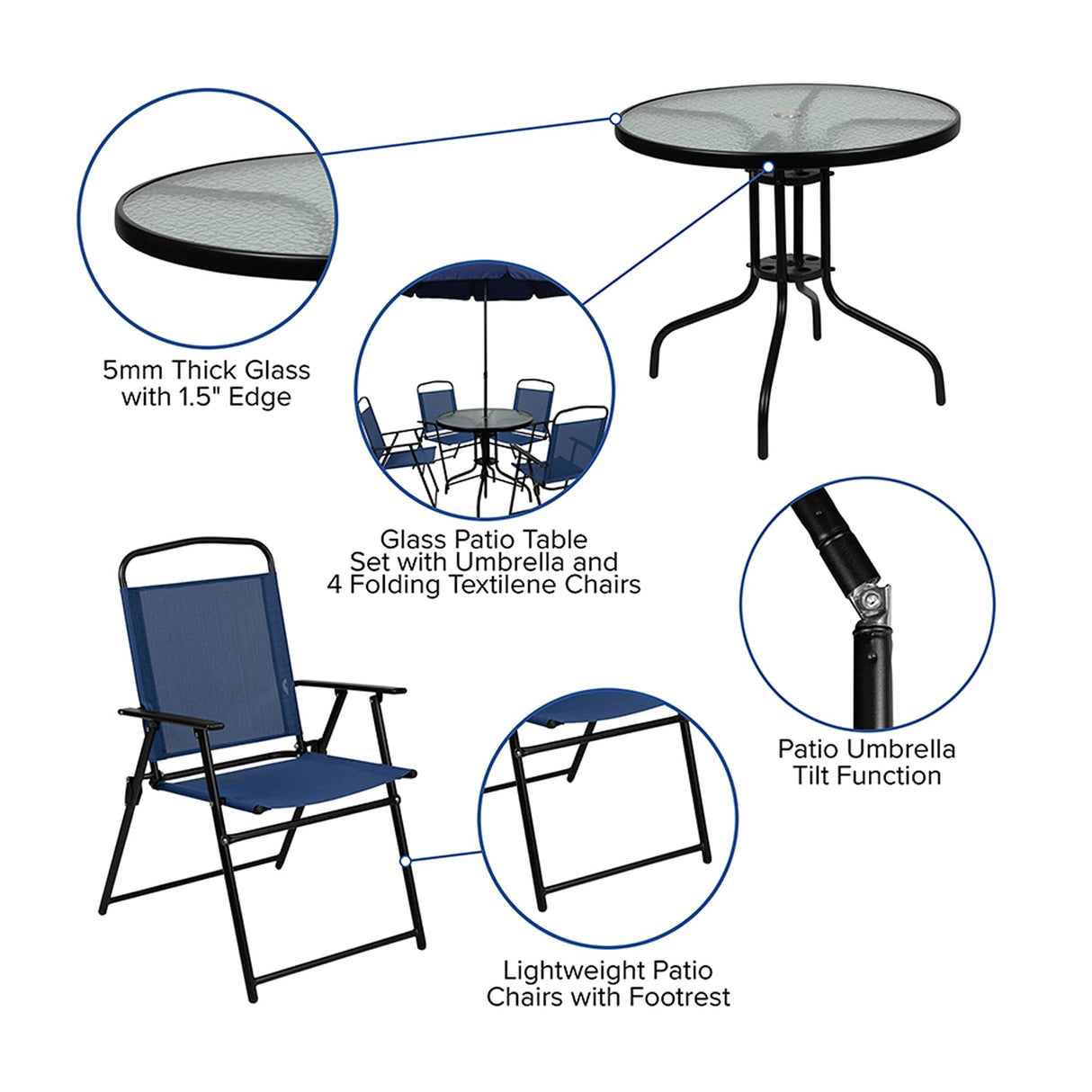 Flash Furniture Nantucket 6-Piece Patio Dining Set with Glass Table, 4 Folding Chairs, and Umbrella, Outdoor Patio Table, Chairs, Umbrella Set, Navy Flash Furniture
