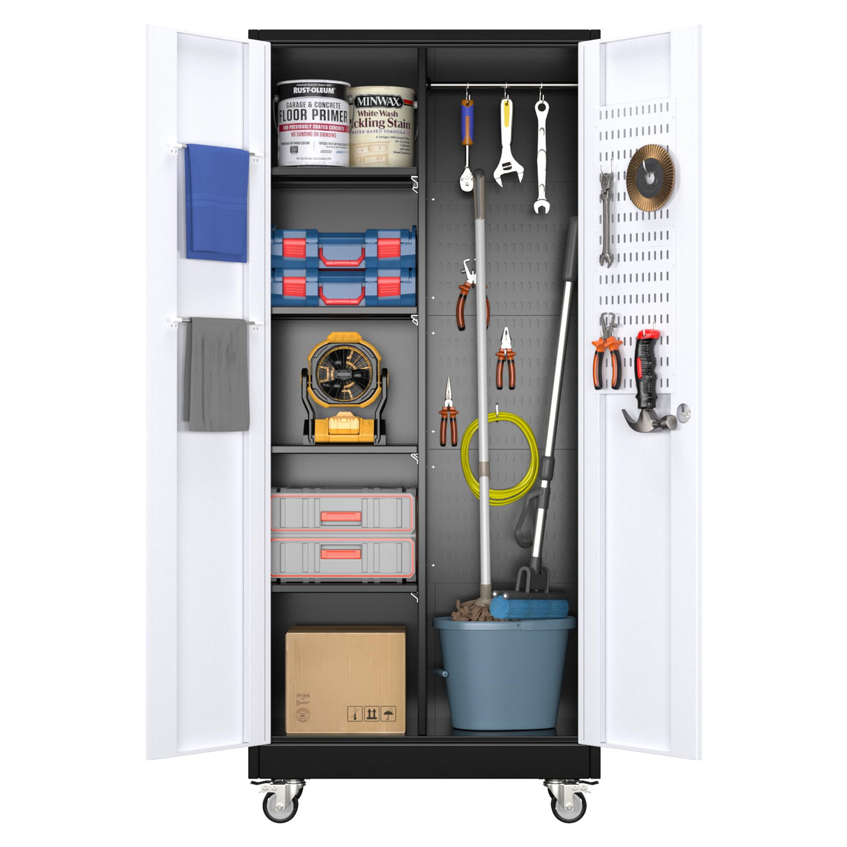 SUXXAN Broom Closet Storage Cabinet, Metal Cabinets with 13 Hooks and Hanging Rods, 71" Vertical Storage Cabinet, Metal Garage Storage Cabinet, Heavy Duty Cleaning Cabinet for Garage, Laundry Room SUXXAN