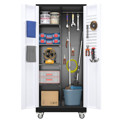 SUXXAN Broom Closet Storage Cabinet, Metal Cabinets with 13 Hooks and Hanging Rods, 71" Vertical Storage Cabinet, Metal Garage Storage Cabinet, Heavy Duty Cleaning Cabinet for Garage, Laundry Room