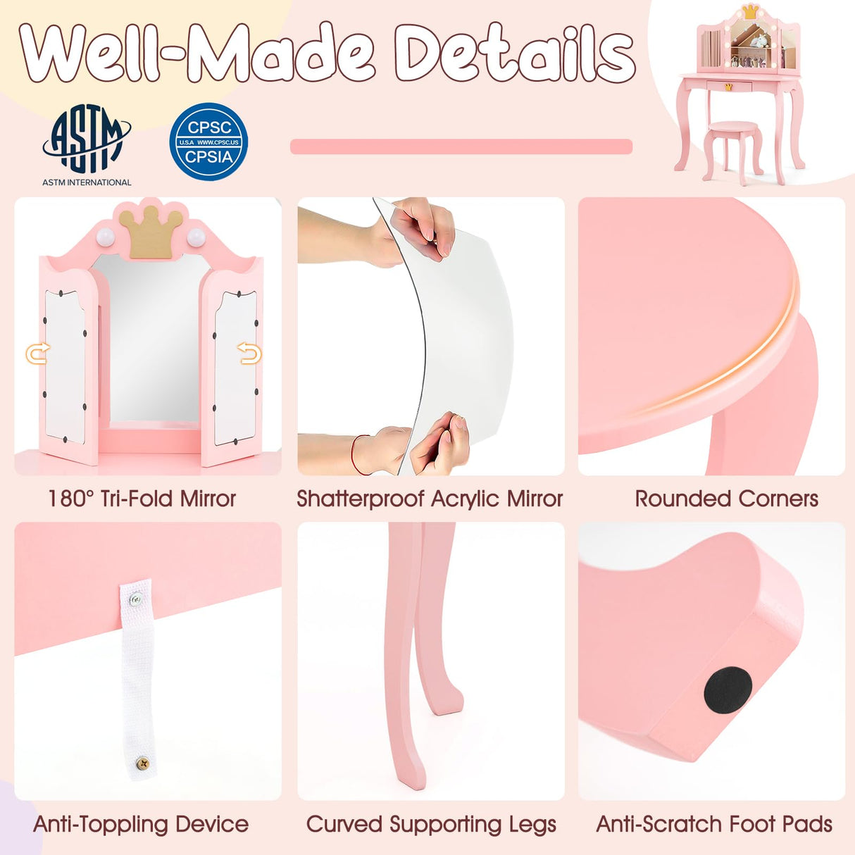 Costzon Kids Vanity with Lights, Girls Vanity Set with Mirror and Stool, Drawer, 2 in 1 Princess Makeup Desk Dressing Table, Toddler Vanity, Pretend Play Kids Vanity Table and Chair Set (Pink) Costzon