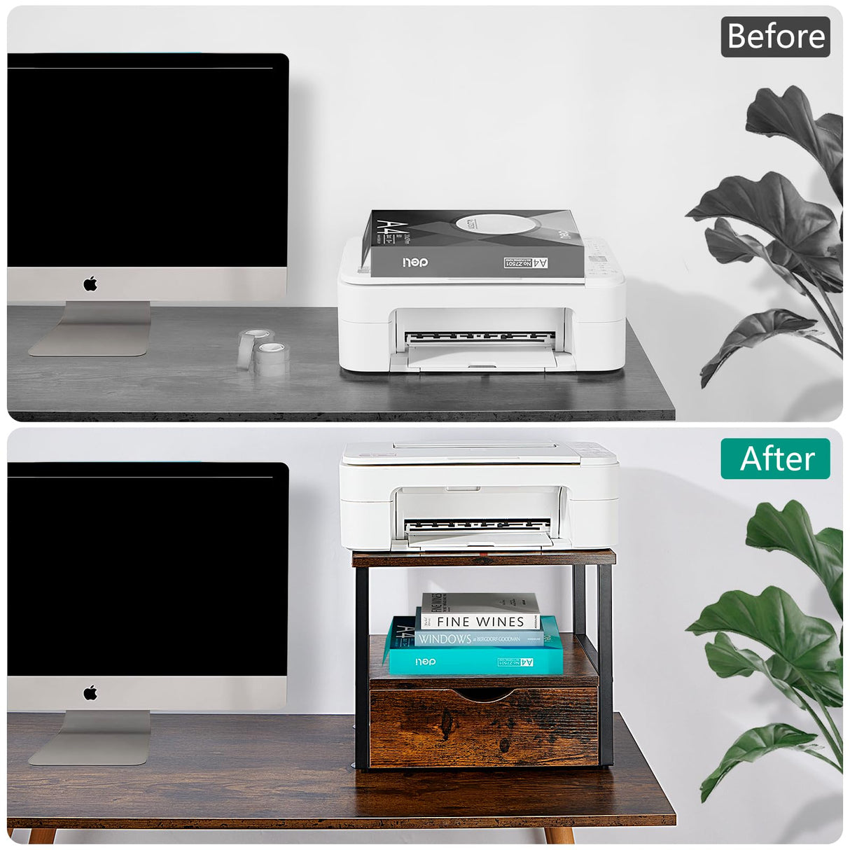 jarrvz Modern 2 Tier Printer Stand Retro Brown Printer Desk with Sliding Storage Drawer Printer Stand Rolling Cart Rack for Fax Machine, Scanner Office and Home Storage Rack, Retro Brown jarrvz