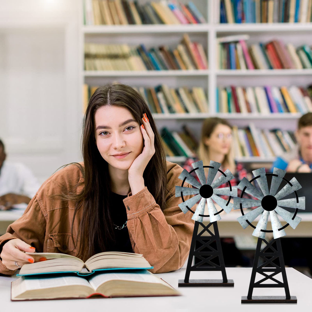 Yalikop Set of 2 Wooden Farmhouse Windmill Table Top Decor Wood Small Distressed Black Grey Rustic Windmill Themed Table Decor for Kitchen Garden Home Yalikop