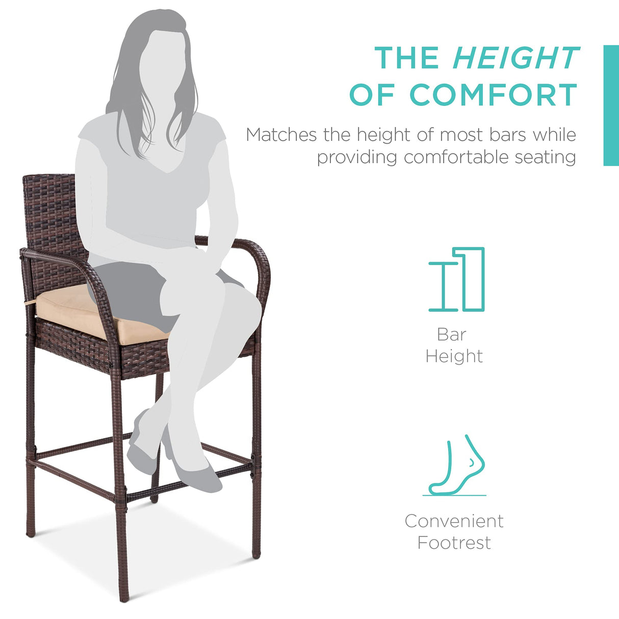 Best Choice Products Set of 2 Wicker Bar Stools, Indoor Outdoor Bar Height Chairs w/Cushion, Footrests, Armrests for Backyard, Patio, Pool, Garden, Deck - Brown Best Choice Products