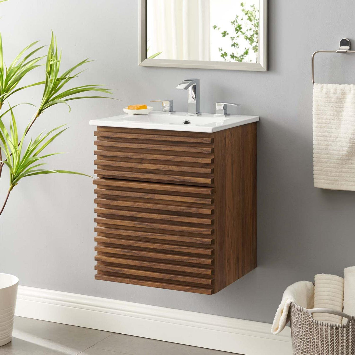 Modway Render 18" Wall-Mount Bathroom Vanity in Walnut White Modway