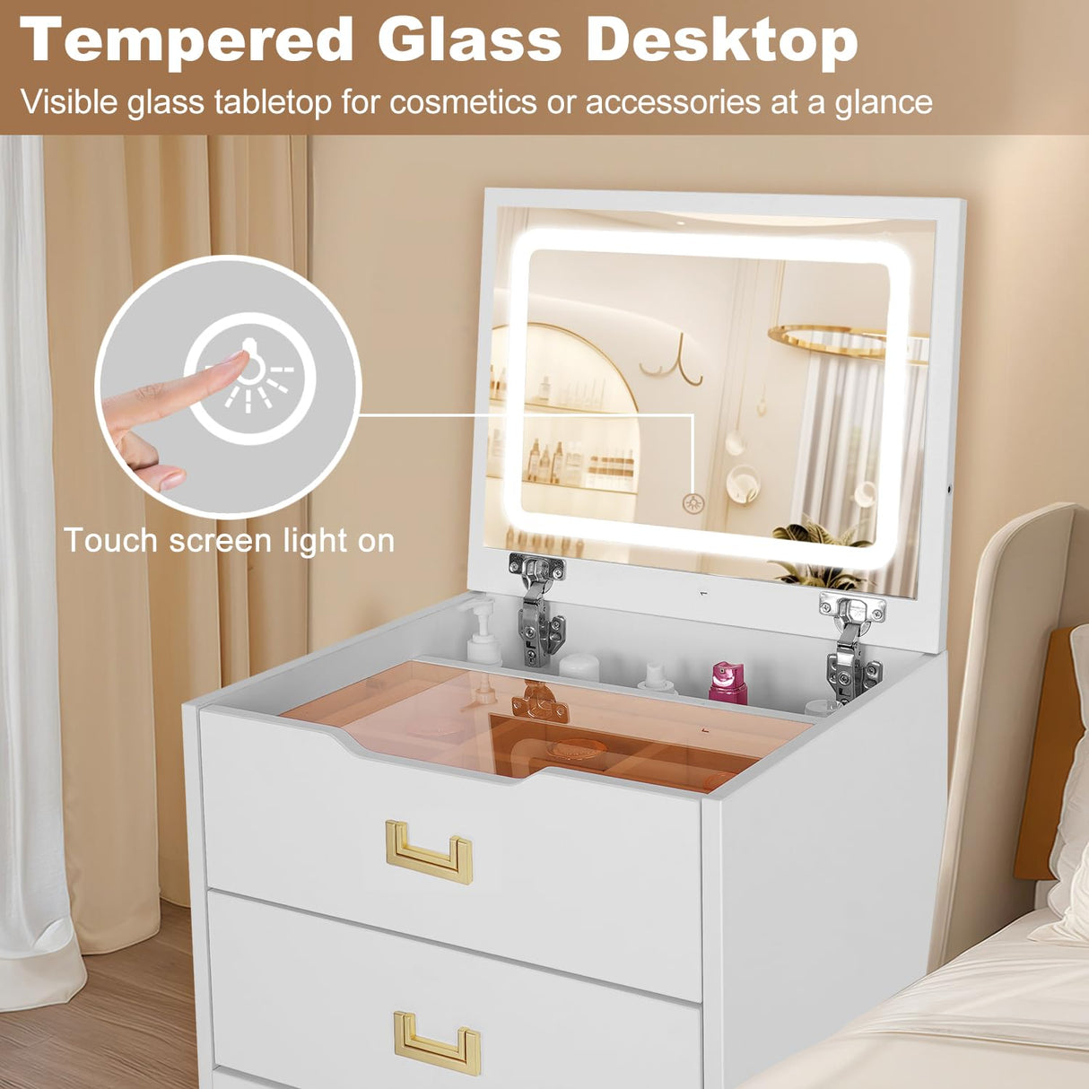 HVCBOSS 3 in 1 Vanity Desk with Flip Top Mirror, Compact Makeup Vanity with Visible Glass Desktop, Storage Drawers, and Cushioned Stool Dressing Table for Bedroom HVCBOSS
