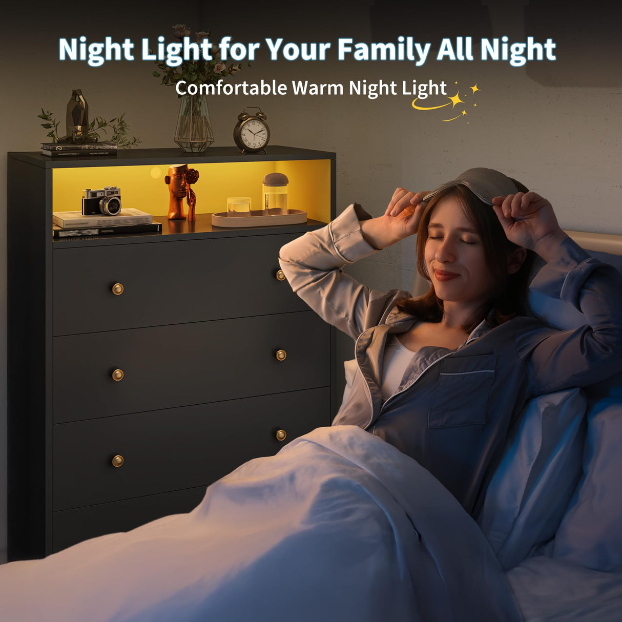 EnHomee Dresser with LED Light, Tall Dresser for Bedroom, Black Dresser&Chest of Drawers Wooden Dresser for Hallway, Closet, Entryway, 43.3" H x 27.5" W x15.7 D EnHomee