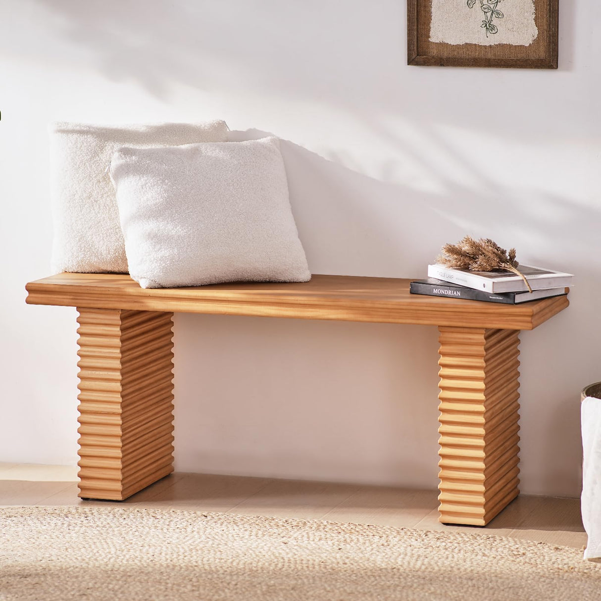 Wnutress Wood Entryway Benches, 42.5" Fluted Farmhouse Dining Bench Seat for Kitchen, End of Bed, Living Room, Hallway, Easy Assembly, Indoor, Natural Wnutrees