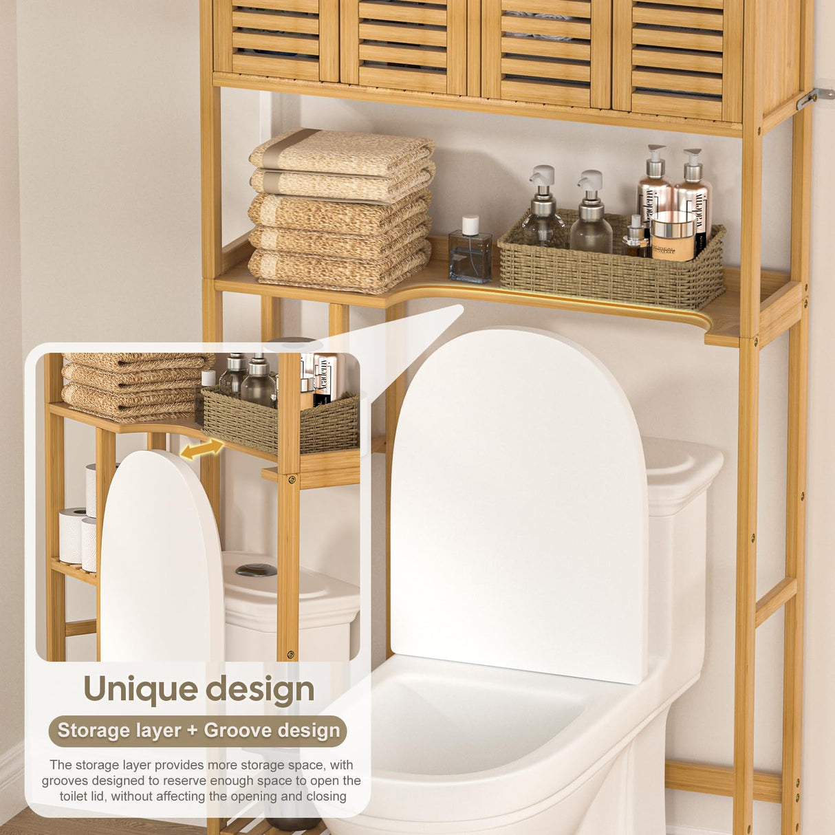 Cozivolife Bamboo Over-The-Toilet Storage Cabinet with Toilet Paper Holder and Four Doors Cozivolife