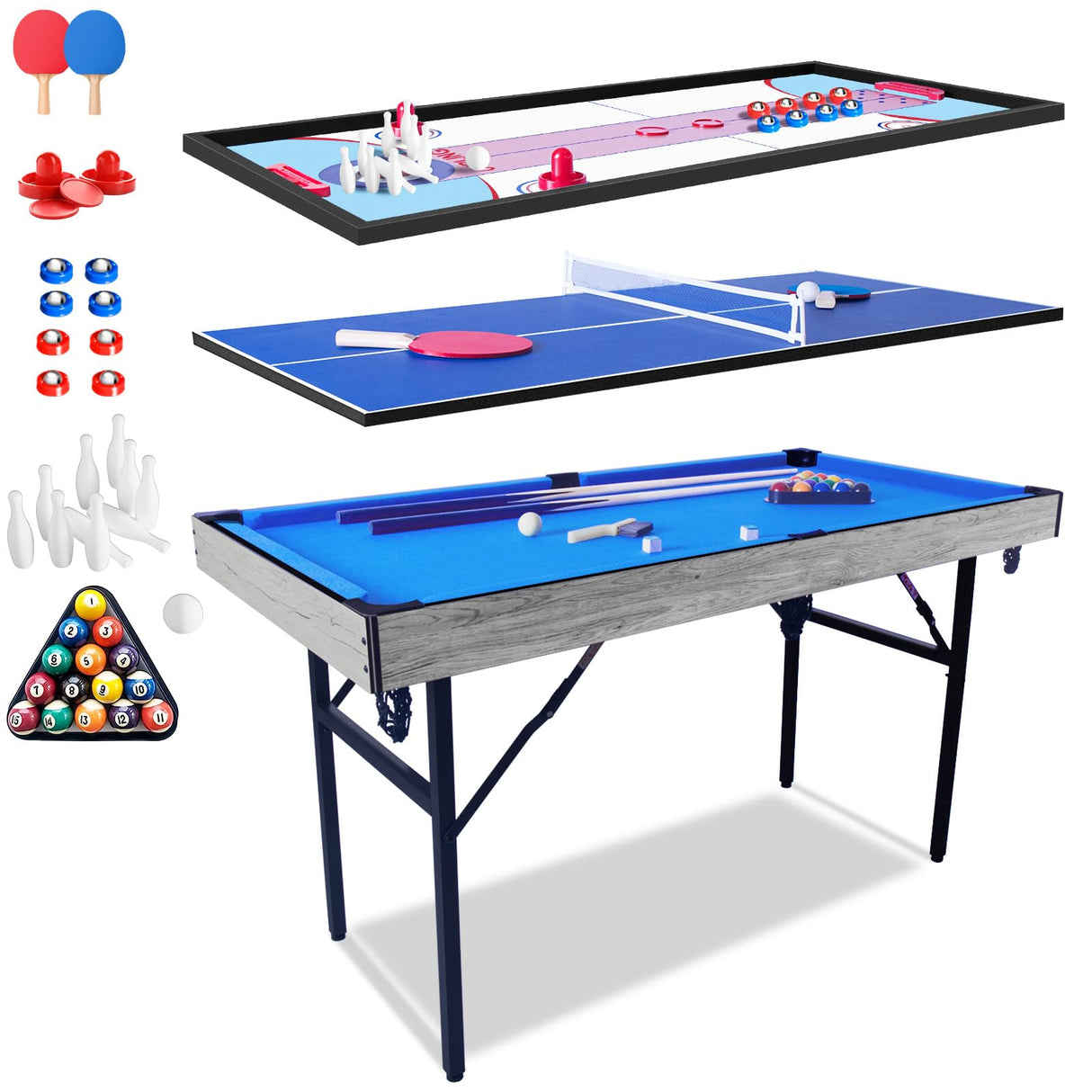 Multi Game Table, 54" Upgrade 5 in 1 Folding Sports Arcade Games with Accessories,Ping Pong,Pool Billiard,Shuffleboard,Bowling,Hockey Combo Game Set for Family Game Table,Indoor and Outdoor HLC