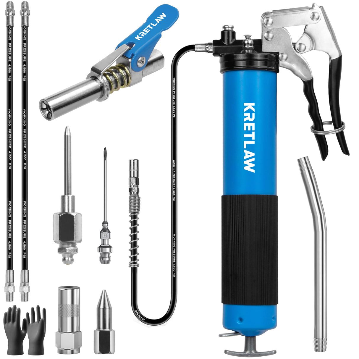 KRETLAW Grease Gun, 7000 PSI Heavy Duty Professional Pistol Grip Grease Gun Kit with Double Grease Injector Needle and 18" & 2pc 12" Flex Hose,14oz KRETLAW