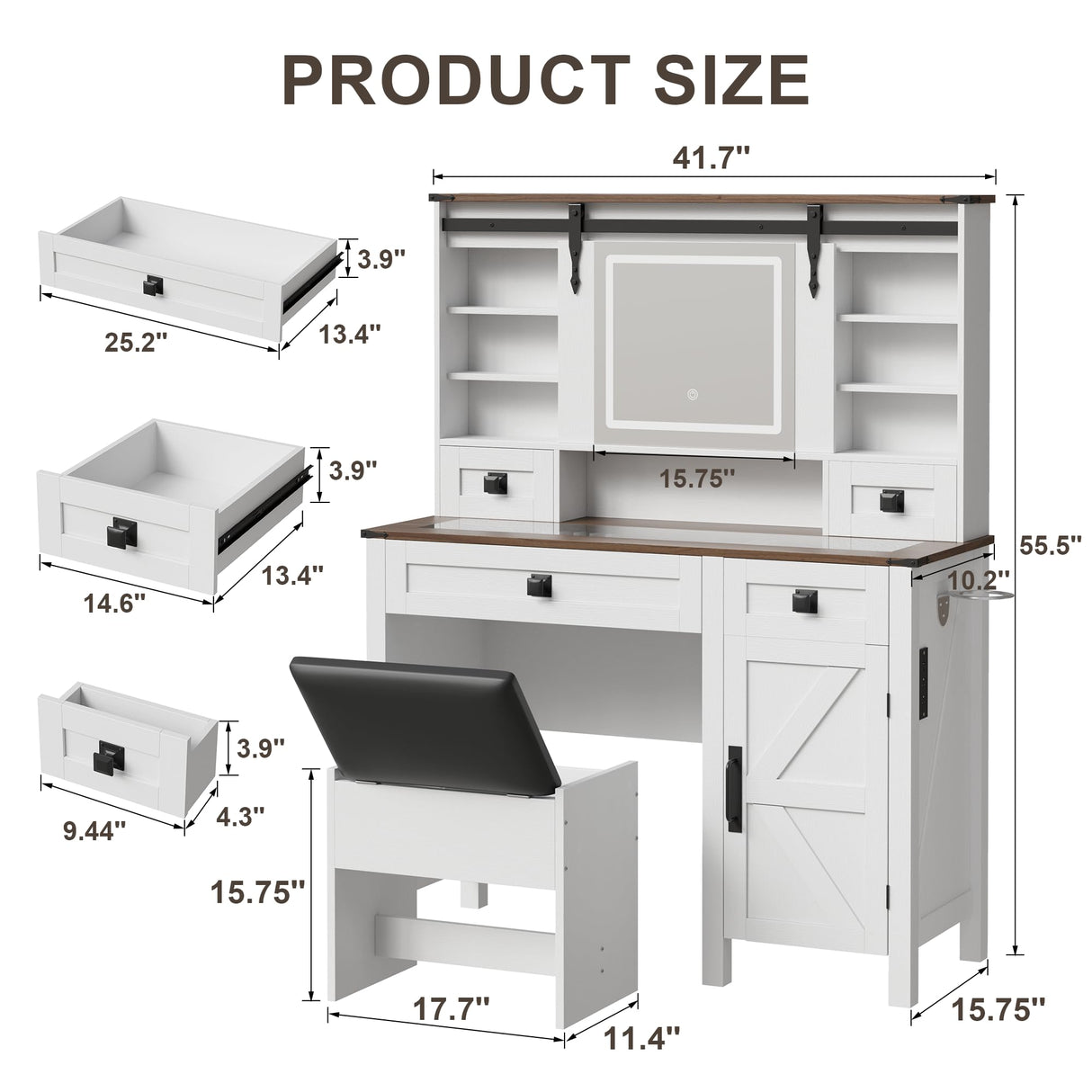 NEWBULAND Farmhouse Vanity with Mirror and Lights, 42" White Vanity Desk with 4 Drawers and Benches Makeup Table Set NEWBULAND