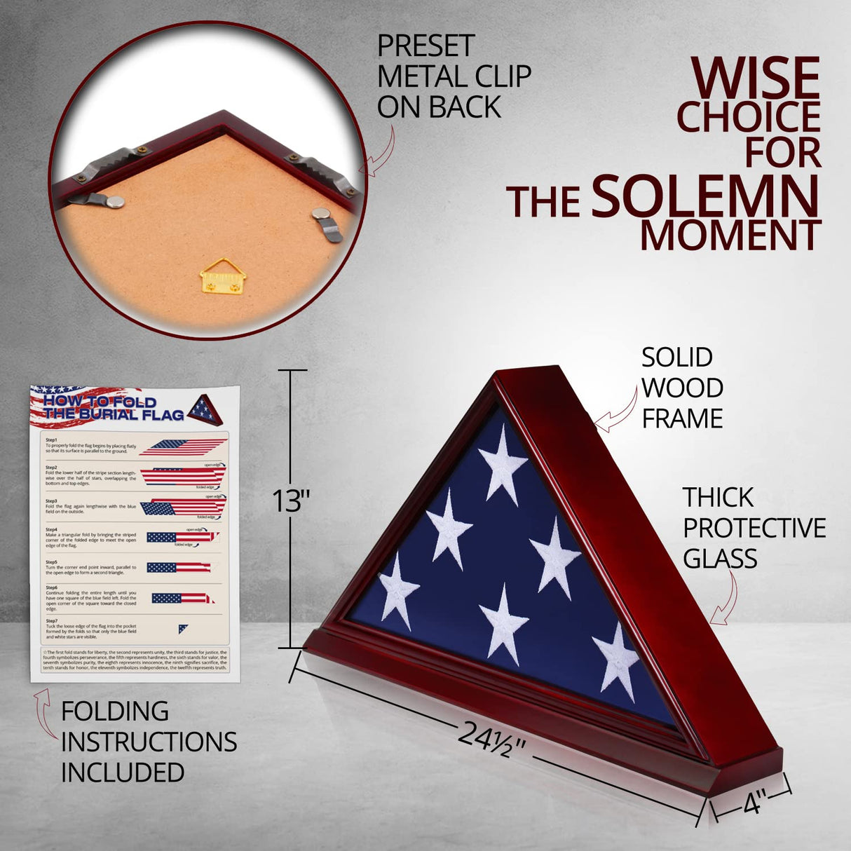ANLEY Solid Wood Memorial Flag Display Case with Base - Real Glass Front - Wall Mounted Burial Flag Frame - American Veteran USA 5' x9.5' Folded Anley