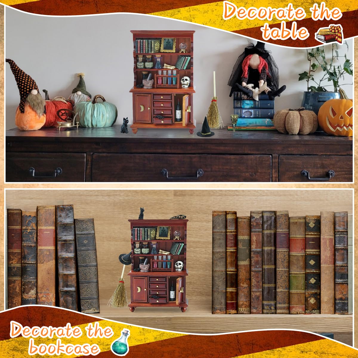 BEIREG Dollhouse Miniatures 1/12 Scale Accessories, Wooden Bookshelf Furniture Set - Magic Bottle&Potion, Witch Frame and Hat, Mini Bookcase, Haunted Dollhouse Halloween Decorations for Kids Gifts BEIREG